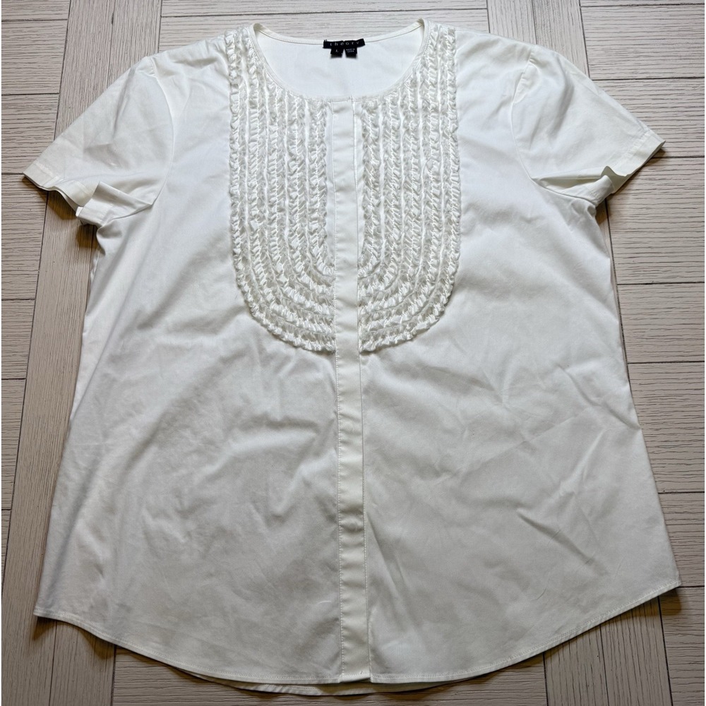 Theory Neiman Marcus Women's White Scoop Neck Ruffle Front L SS Blouse Top Luxe